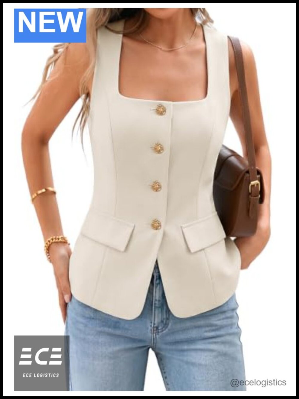 Sleeveless Blazer Vest Button Down Waistcoat Top Square Neck Business Casual